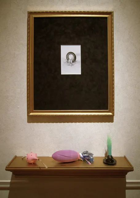 Arca Arcana: west wall detail: framed photo and shelf with "creatures"