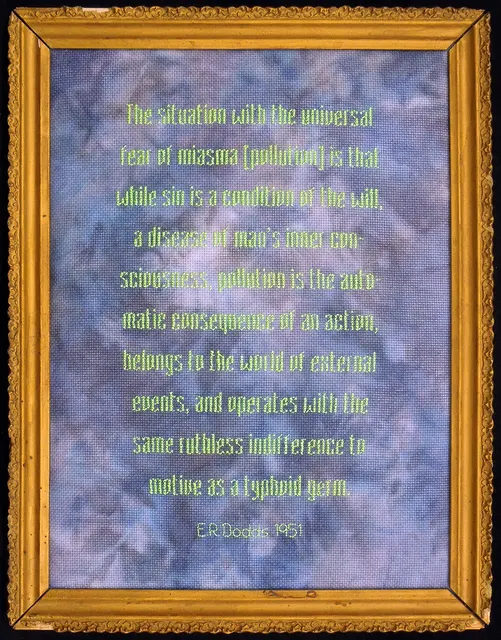 Miasma II: “ruthless indifference” embroidery with glow-in-the-dark thread