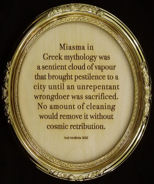 Miasma II: “cosmic retribution” laser-etched wood panel