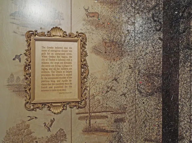 Miasma III: Pestilence and Providence: coatrack with beaded miasma; wall detail with laser-cut Mellenthin text