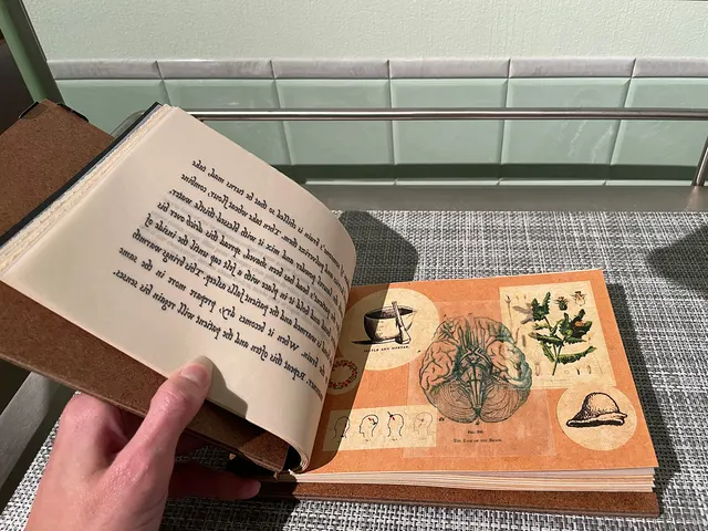 Miasma III: Pestilence and Providence: chained book in portal with medieval remedies and illustrations