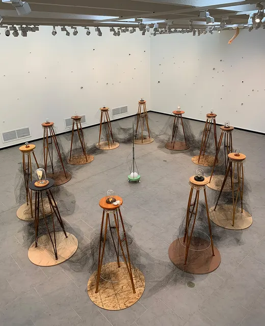 Miasma III: Pestilence and Providence: overhead view of cosmos section; zodiac constellations made of spheres on walls