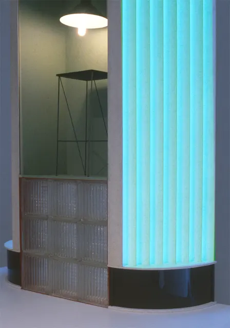 Mneme I: Kenilworth, Milwaukee: view of side with table, glass blocks and neon