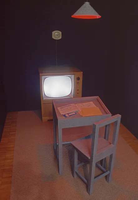 Mneme XVI: Learning to Draw: center section: fabricated furniture with "granite" texture paint