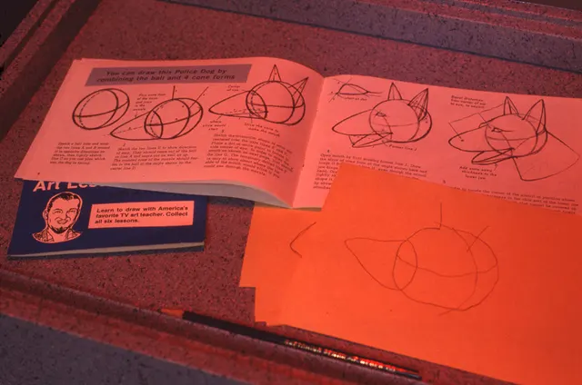 Mneme XVI: Learning to Draw: desk detail: Jon Gnagy "Learn to Draw the Police Dog" kit and attempt