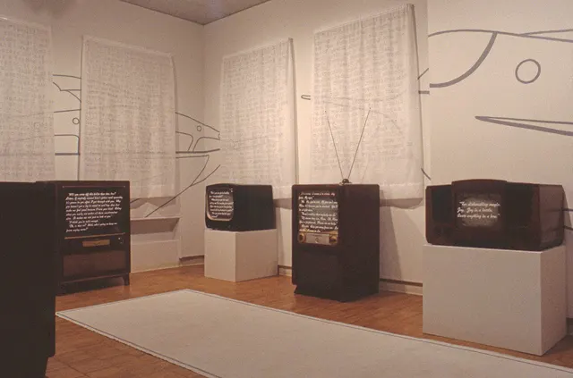 Mneme XXVI: Gilbert's Story (Search for Tomorrow): view to left: curtains with text, televisions, Buck Rogers spaceship outline