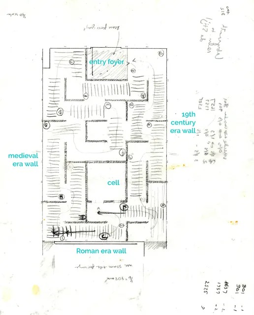 Mneme XXVII: Dolhuis [Madhouse]: plan of floor maze and temporary walls, with foyer and cell construction