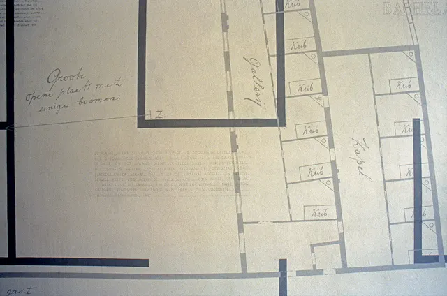 Mneme XXVII: Dolhuis [Madhouse]: detail: monastery plan showing cells [“kribs”] built into chapel [“kapel”] for use as asylum