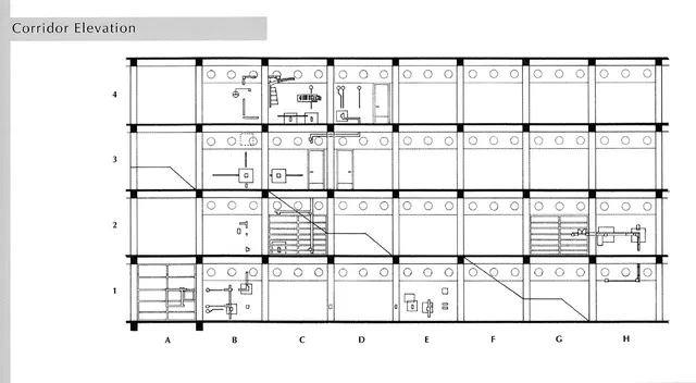 Mneme XXXI: Dwelling in the Plan: corridor elevation: floorplan fragments inscribed onto building grid, each section with a theme