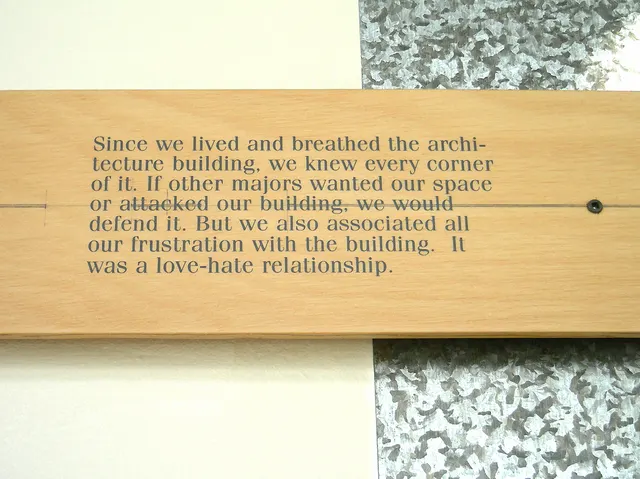 Mneme XXXI: Dwelling in the Plan: section 1B (Being) detail: upper section in galvanized metal; student memory text in graphite