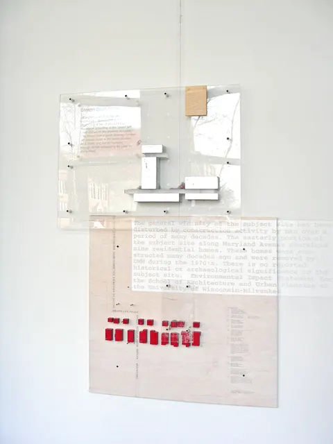 Mneme XXXI: Dwelling in the Plan: section 1E (Dwelling) detail: site plan with silver leaf building model above, original site plan below