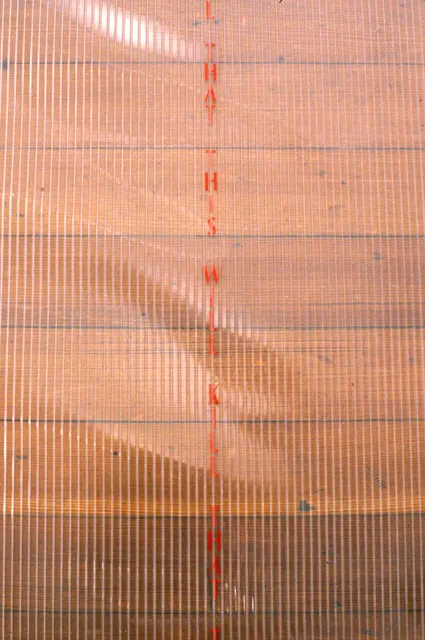 Speaking Volumes: This Will Kill That: detail: “THIS WILL KILL THAT” repeating text on floor mat