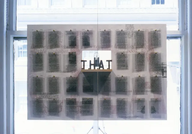 Speaking Volumes: This Will Kill That: detail: “THAT” ("CELA") panel with transparent French and English texts of “This Will Kill That” chapter