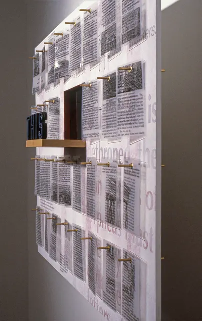Speaking Volumes: This Will Kill That: detail: “THIS” panel from side, showing brass pegs with hanging chapter texts
