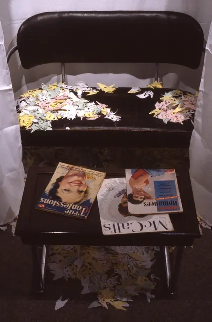 Surveying Desire VII: The Pathology of the Heart: detail: bench, romance magazines, and number tickets