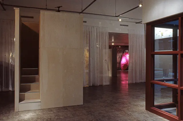 Surveying Desire XII: Fictions: gallery entrance with observation tower and telescope; suspended panel at right