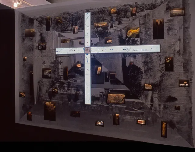 Terra Firma I: Distance Decay: interior wall with map of four walks and found objects (visible only with telescope)