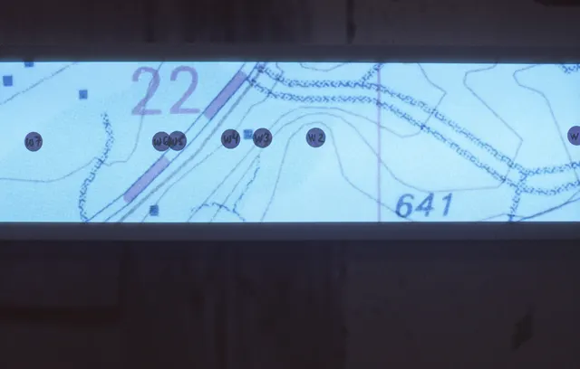 Terra Firma I: Distance Decay: detail: neon-lit map of walk to west with object sites marked